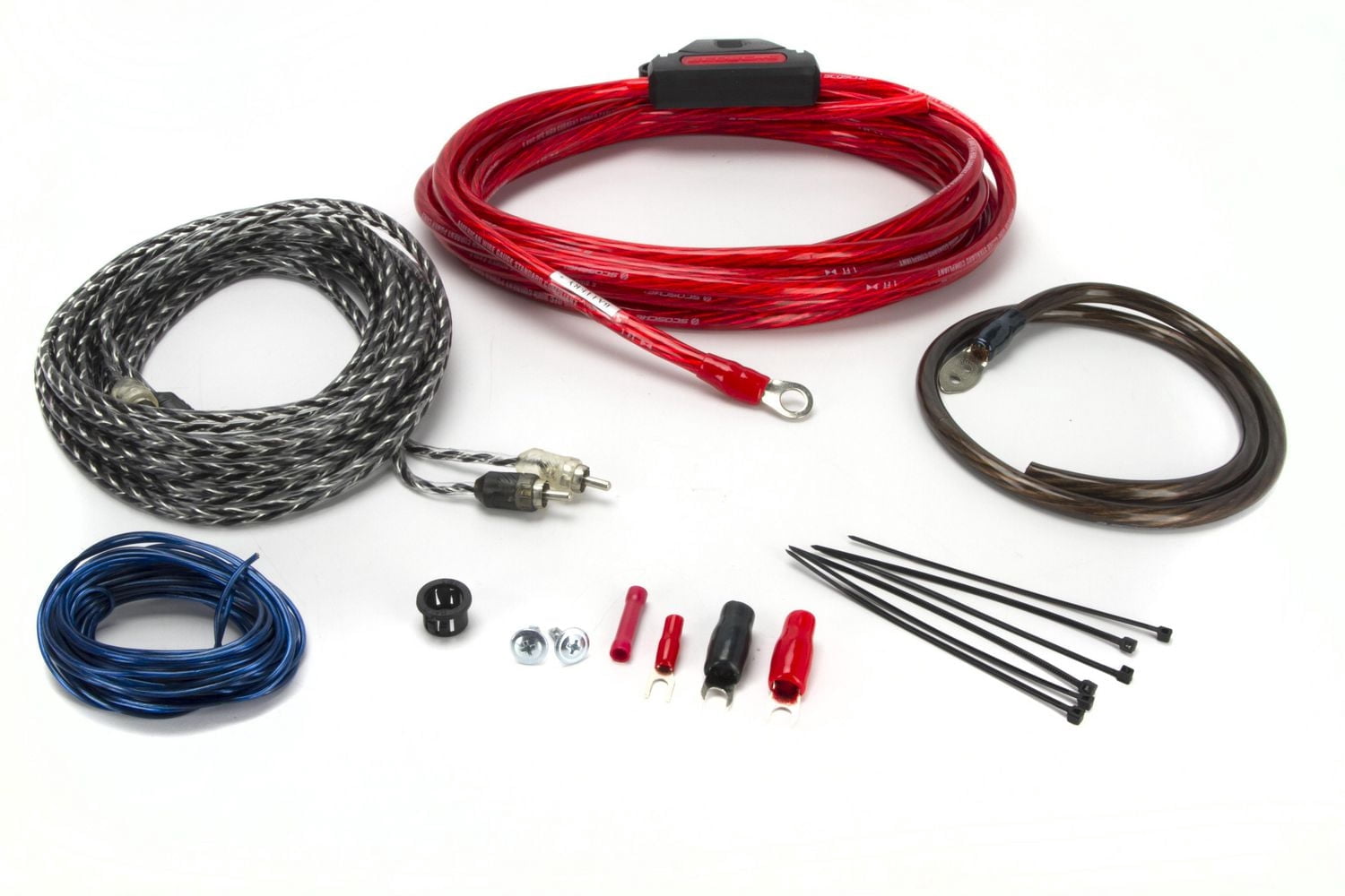 Scosche KPA8CCF Trousse de câblage d’amplificateur hybride OFC/CCA de 680 watts avec câbles audio torsadés – Neuf
