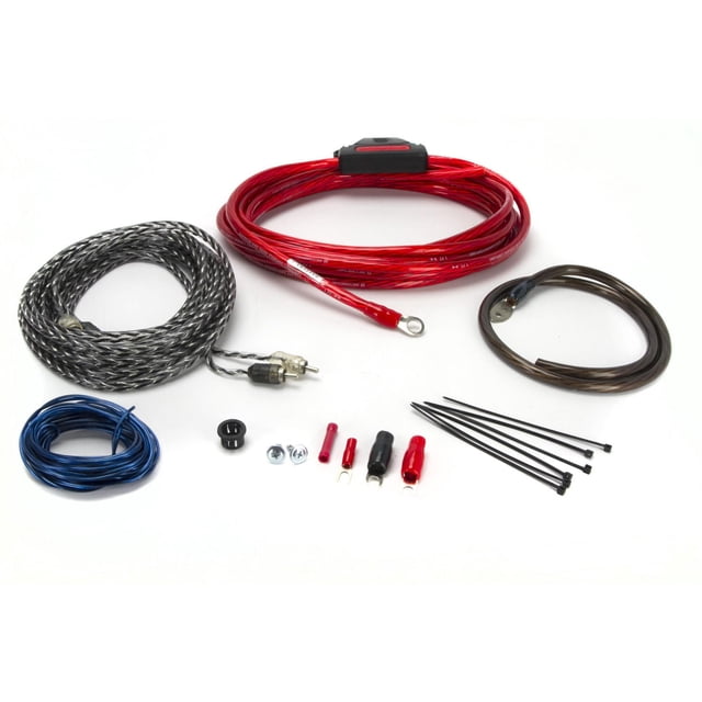 Scosche KPA8CCF 680-Watt Hybrid OFC/CCA Amplifier Wiring Kit with 16.5 feet of red 8-gauge oxygen-free copper power wire featuring an integrated 50 amp fuse, 16 feet of noise-resistant twisted black and gray audio cables, 16 feet of blue remote turn-on cable, 2 feet of brown heavy-duty grounding wire, assorted red and black terminals, screws, and black cable ties on white background, suitable for upgrading vehicle audio systems.