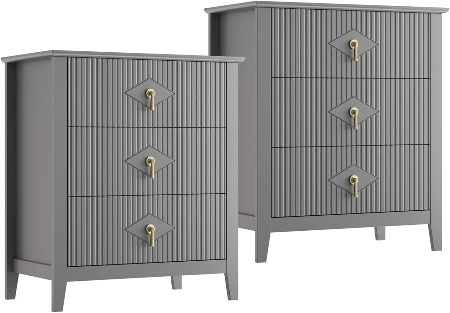 2Pcs Fluted Nightstand, 27.5" Wide Bedside Table with 3 Large Storage Drawers, Modern Night Stand with Metal Handle, Wooden End Table for Bedroom, Living Rooms, Hallway, Entryways, Closet, Grey