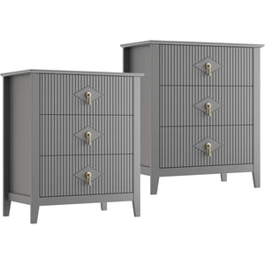 2Pcs Fluted Nightstand, 27.5" Wide Bedside Table with 3 Large Storage Drawers, Modern Night Stand with Metal Handle, Wooden End Table for Bedroom, Living Rooms, Hallway, Entryways, Closet, Grey