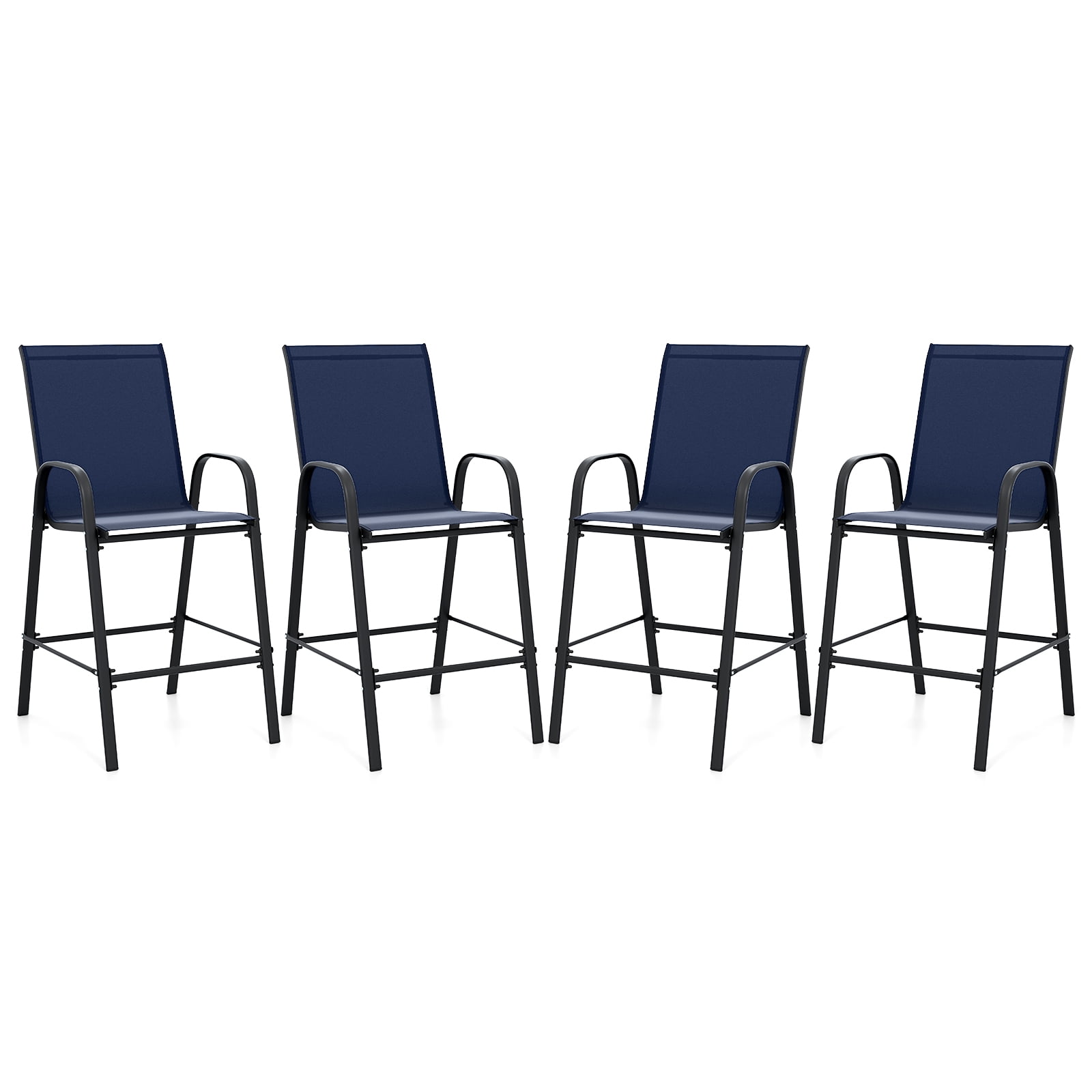 Gymax 4PCS Outdoor Bar Stools 29'' Fabric Bar Height Stools w/ Armrests & Footrest Navy