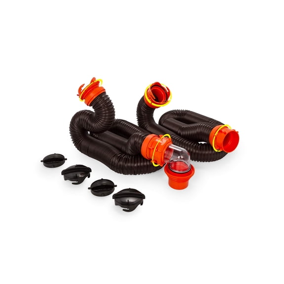 Camco 20 Pieds (39742) RhinoFLEX Trousse de Boyau d'Égout pour VR de 20 Pieds, Coude Transparent Pivotant avec Raccord de Station de Benne 4-en-1 - Capuchons de Rangement Inclus, Noir, Brun
