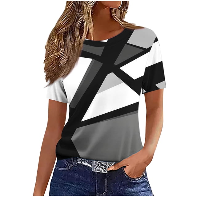 Pisexur Hauts pour Femmes, Hauts de Printemps pour Femmes 2025, Hauts pour Dames, T-shirt Imprimé Décontracté et Tendance pour Femmes avec Col Rond et Manches Courtes Gris, 2TG