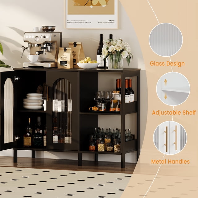 Kojooin Buffet Moderne avec Rangement à Porte en Verre, Tiroirs et Tablettes Ajustables pour Cuisine Ou Salle à Manger