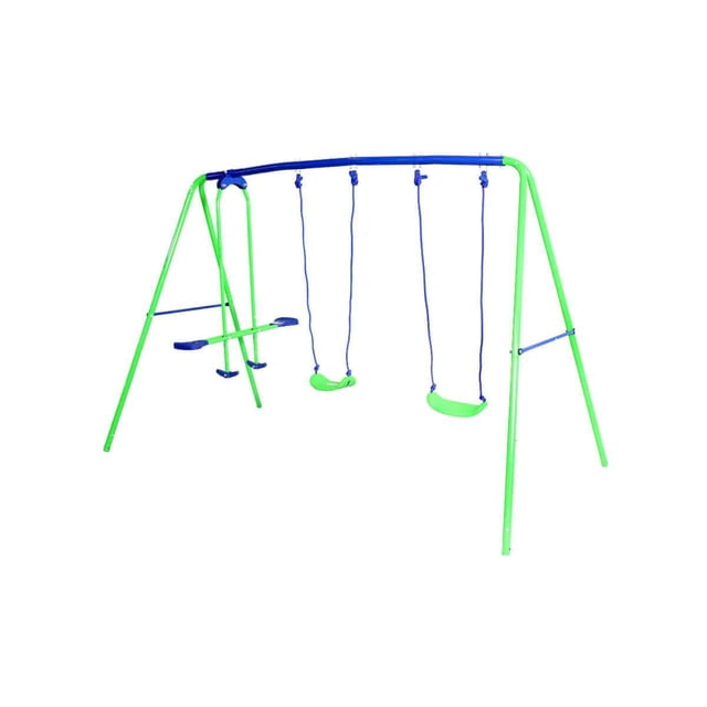 Sportspower Ensemble Double Swing et Glide avec un Cadre en Acier Vert et une Barre Supérieure Bleue, Comprenant Deux Balançoires Vertes avec Cordes Bleues et Deux Planeurs Bleus, Conçu pour le Jeu Extérieur et Fabriqué à Partir d'Acier, de Plastique et de polyester Durables.