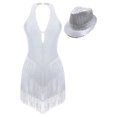 thumbnail image 1 of Linjinx Justaucorps de Danse pour Femmes avec Franges et Chapeau à Sequins Blanc TG, 1 of 7