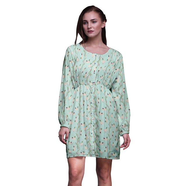 Bimba Robe Midi à Manches Longues pour Femmes, Coupe Décontractée, Imprimée de Feuilles Vertes et de Canard Colvert, Boutonnée - X-Grand