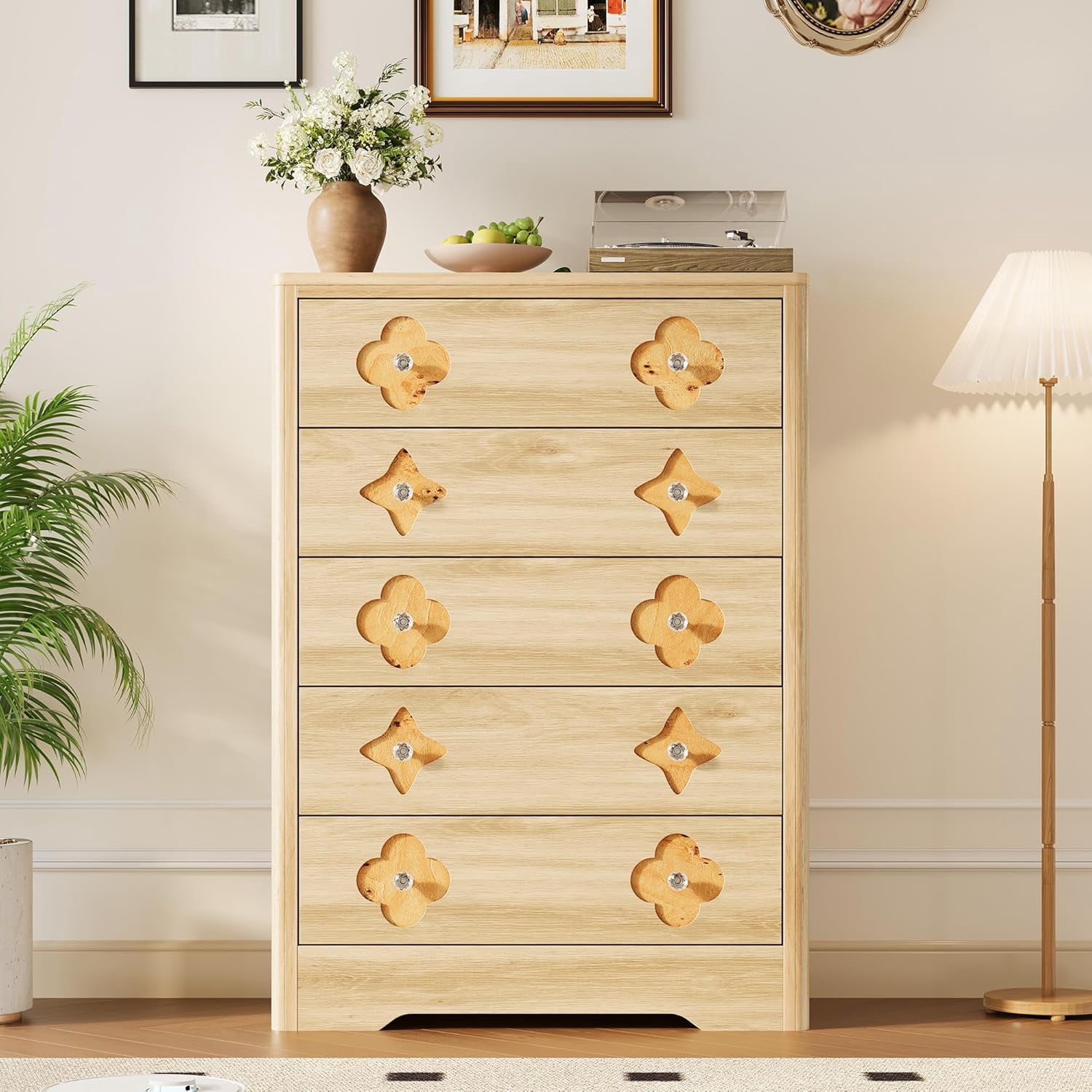 Dresser for Bedroom with 5 Drawers, 45'' Tall Chest of Large Decorative Drawer Front with Large Clothes Storage Cabinet, Wood Bedroom Dresser, TV Stand for Nursery, Living Room, Enterway