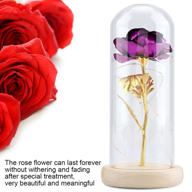Preserved Rose Flower LED Light with Glass Cover & Wooden Base Valentines'Day Wedding Purple