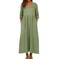 thumbnail image 2 of TIMIFIS Robes d'Été pour Femmes Couleur Unie Col en V Manches 3/4 Longue Robe Décontractée Coupe Ample Taille Haute Maxi Fluide avec Poches, 2 of 7