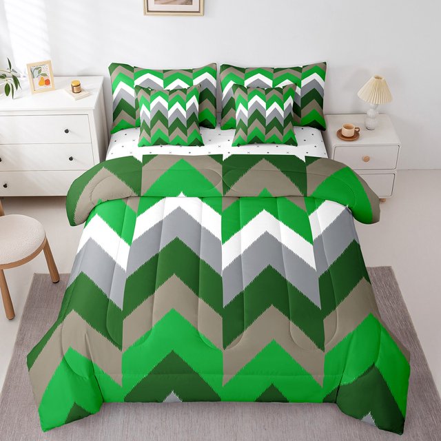 Erosebridal Green Geometric Bedding Sets Twin Size, Chic Minimalst Comforter Sets with Sheets, Abstract Decor, Reversible 7-Piece