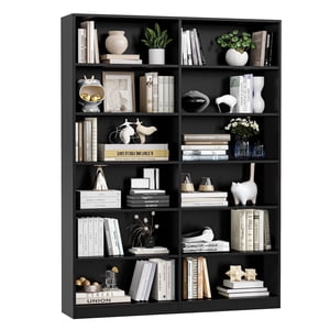 Homfa 74.3” Double largeur 6-Tier Bibliothèque, extra grand en bois autoportant vitrine bibliothèque pour le bureau à domicile salon, noir