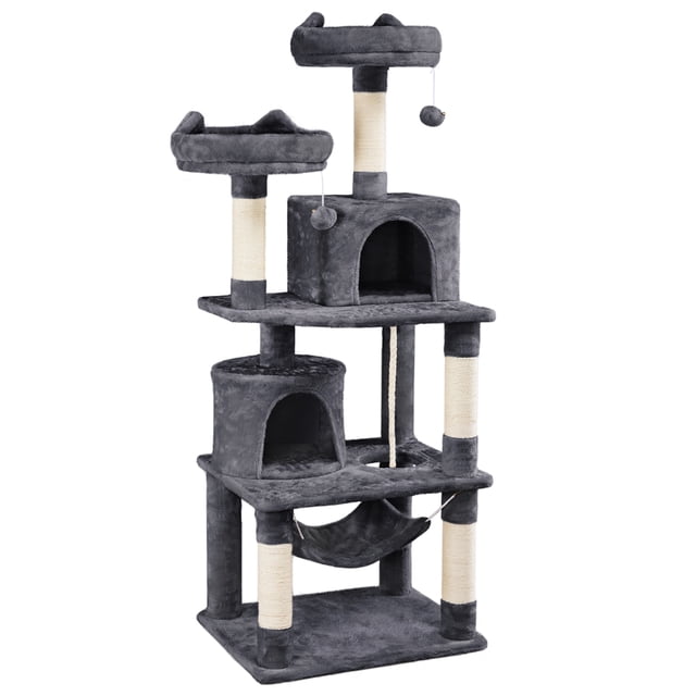 Yaheetech Cat Tree à Plusieurs Niveaux avec 2 Condos et 2 Perchoirs en Peluche Gris Foncé. Ce Cat Tree à Plusieurs Niveaux Comprend Deux Perchoirs à Rebord Surélevé avec accents Oreilles de Chat, Deux Condos Spacieux, un Hamac Doux et Cinq Poteaux à Griffer Enveloppés de sisal. Il Comprend Deux Balles Pendantes Détachables et une Corde en sisal pour Jeu Interactif. Fabriqué à Partir de Panneau de Particules durable, de Tissu Peluche et de sisal Naturel, Il Est Conçu pour 2-3 Chats Moyens. la Plinthe Robuste et la Sangle de Sécurité Assurent