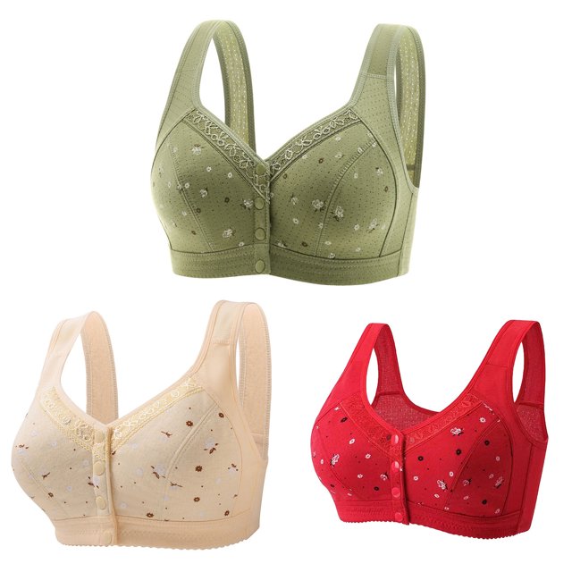 Timegard 3pc Plus Size Bras for Women Front Closure Button Full Support Bralette Comfort Seniors Bras