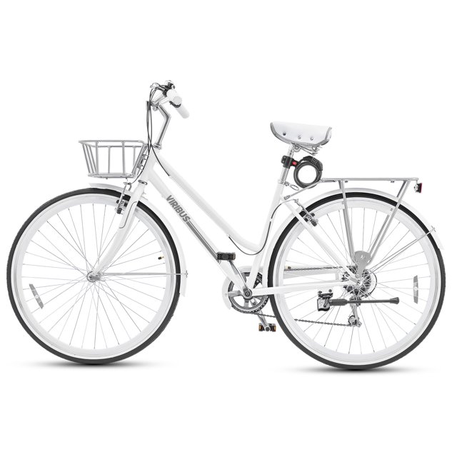Viribus Hybrid Bike, 700c City Commute Cruiser Bike with 7 Speed Drivetrain 28" Wheel Step Through Frame Front Basket Rear Cargo Rack Dual V Brakes,White
