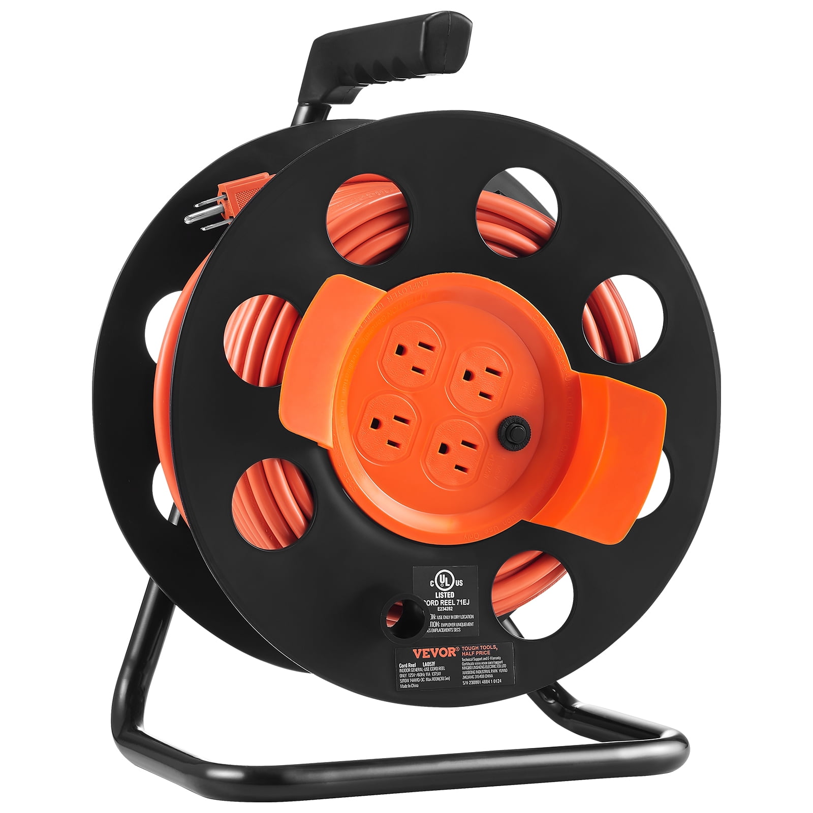 VEVOR Extension Cord Reel, 100FT, with 4 Outlets and Dust Cover, Heavy Duty 14AWG SJTOW Power Cord, Manual Cord Reel with Portable Handle Circuit Breaker
