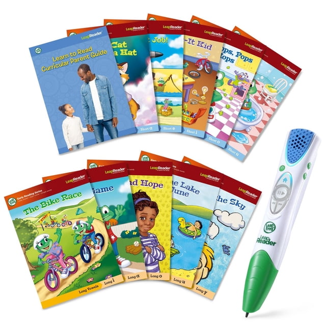LeapFrog LeapReader® Learn-to-Read 10-Book Mega Pack™ with ten colorful illustrated early reading books and a white and green LeapReader® stylus featuring a blue speaker grille, designed for children ages 4-8 to hear stories read aloud and interact with words to develop reading skills.