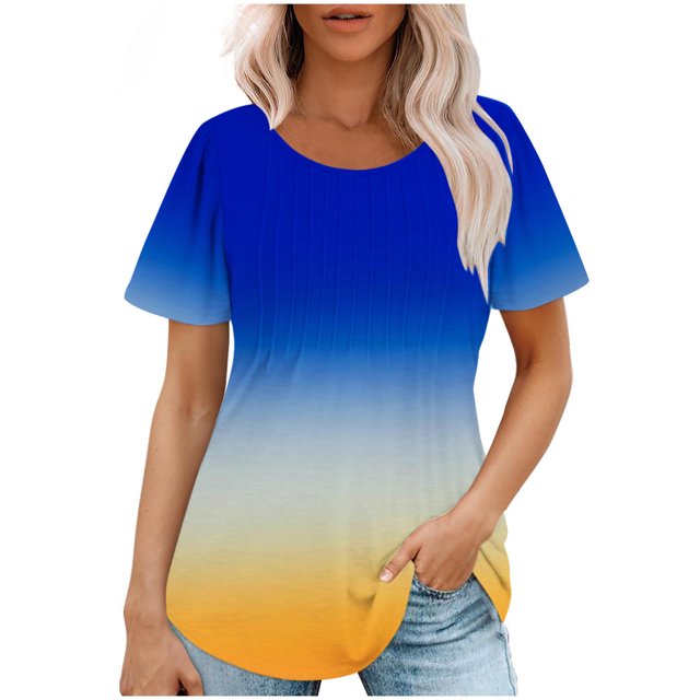 Plebaso Hauts pour Femmes Été Manches Courtes Col Rond Tunique Chic Ample Mode Blouses à Dégradé de Couleurs