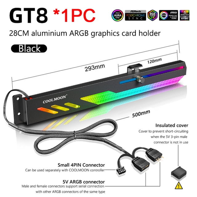 GT8 Support Horizontal pour GPU 5V Support ARGB Support pour Carte Vidéo d'Ordinateur Support pour GPU Étui pour PC Kit de Refroidissement Noir 2 Pcs