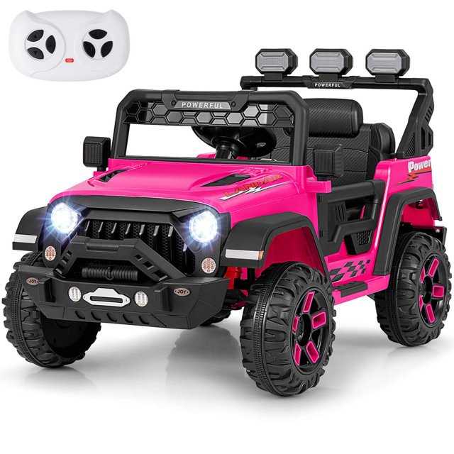 Costway Camion pour Enfants 12V Ride avec 2*12V Moteurs Suspension à Ressort et Télécommande en Rose. Ce Ride-on Motorisé Présente un design Robuste avec Phares DEL, un Siège Spacieux avec une Ceinture de Sécurité, et des Détails Réalistes comme des Rétroviseurs et des Portes Verrouillables. Équipé d'Un Système 2WD, Suspension à Ressort et Démarrage en Douceur pour des Trajets Fluides sur Divers terrains. Comprend des modes de Contrôle Doubles avec un Volant et une Pédale d'Accélérateur pour Enfants, et une Télécommande pour parents avec Vitesses Réglables et un Frein d'Urgence