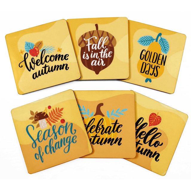 Inkdotpot Ensemble de 6 sous-Verres à Boisson Décoratifs, Base en Liège Antidérapante sous-Verres Carrés Imprimés de 4 Pouces Nettoyage Facile - Automne