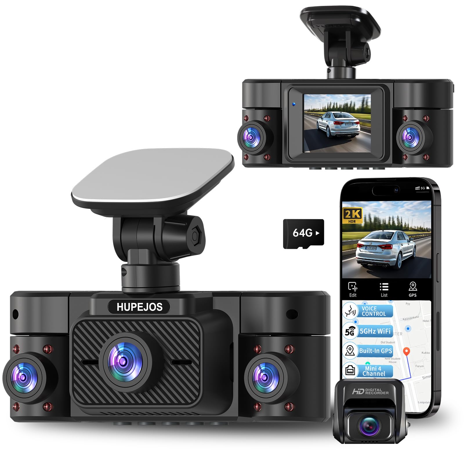 Dash Cam Front and Rear Inside, 360&deg; Dash Camera for Cars 4 Channel 2K FHD Mini Dashcam, Car Camera Built-in WiFi GPS, Free 64G Card, Voice Contr