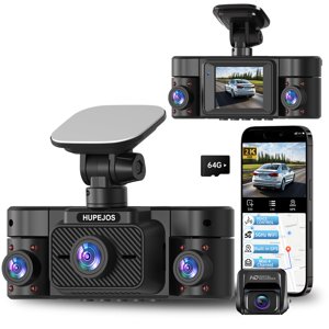 Dash Cam Intérieur avant et arrière, 360&deg; Caméra Dash pour voitures 4 Chaîne 2K FHD Mini Dashcam, Caméra de voiture intégrée WiFi GPS, Gratuit 64G Carte, voix Contre