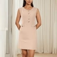 thumbnail image 4 of Ovzne Robes pour Femmes Robe de Plage Femmes Couleur Unie Col Rond Sans Manches Décorer Bouton Se Cultiver Robe de Travail Robe de Vacances Liquidation, 4 of 7