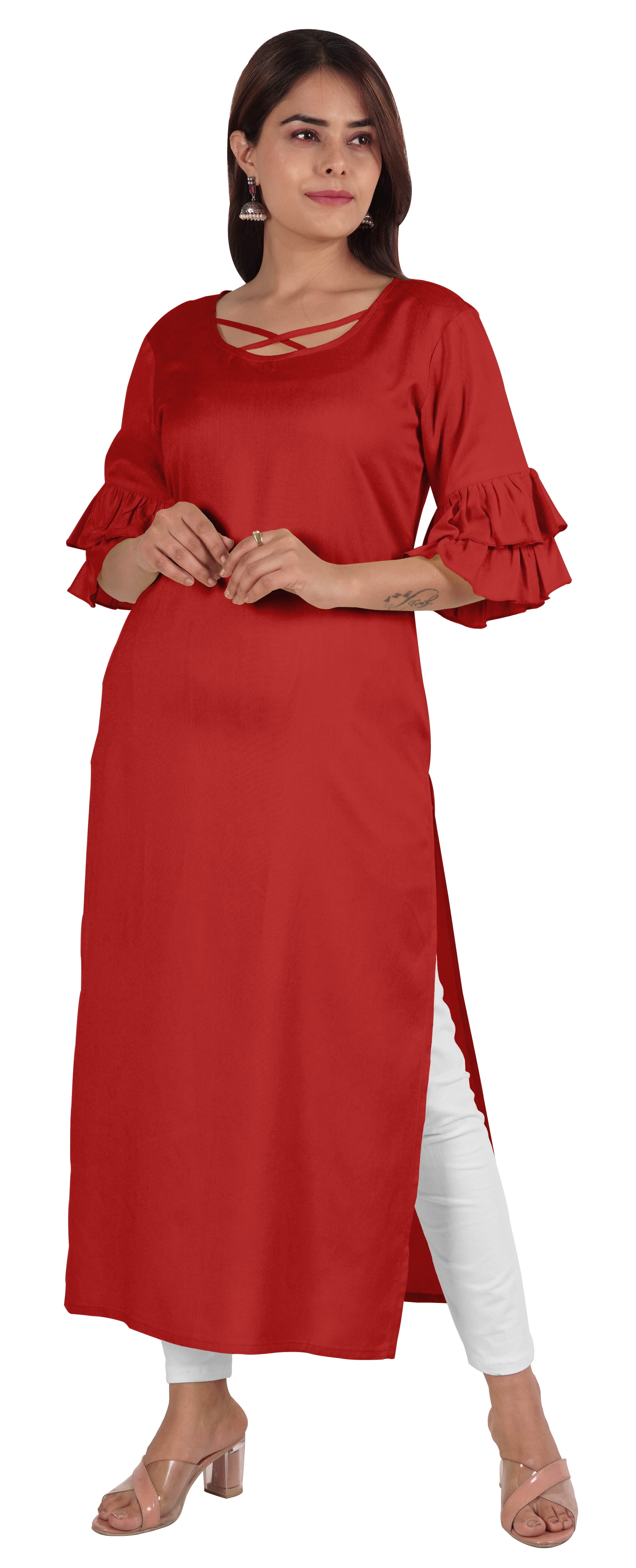 Moomaya Kurta en Rayonne Uni pour Femmes à Manches Évasées, Col à Cordon, Kurti Ethnique Long
