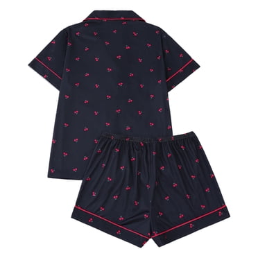 Lixiuxyad S Set Women’s Cherry Print Pajama Set – Short Sleeve Notched Collar Shirt & Shorts Loungewear