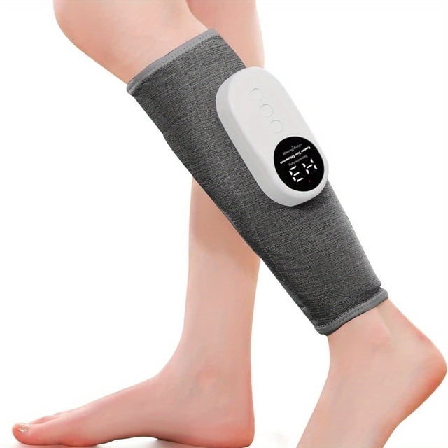 Leg Massager For Circulation Calf Air Compression Massager With Heat, Leg Massager centered front view of calf air-compression sleeves with wrap straps and textured nylon exterior, visible heating panels and a USB charging port showing rechargeable lithium battery (≤36V) and USB power mode; plain neutral backdrop, often used as a portable relaxation aid during travel.