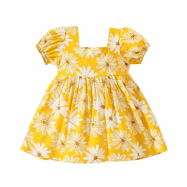 Penkiiy Robe d'Été pour Bébé Fille, Col Rond, Manches Bouffantes, Nœud, Manches Courtes, Robes Décontractées pour Filles 2-3 Ans Jaune en Liquidation