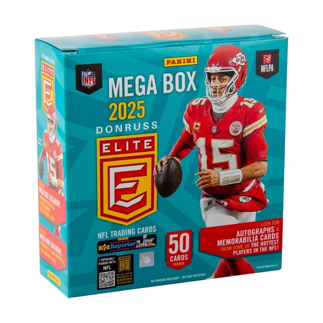 Boîte Méga de Cartes à Échanger Panini Donruss Elite Football 2025 avec Emballage Turquoise Comprenant 50 Cartes par Boîte, Incluant des Autographes, des Cartes Souvenirs et des Parallèles Exclusifs de la Part des Meilleurs Joueurs de la NFL, Affichant les logos de la NFL et de la NFLPA et la Marque Panini.
