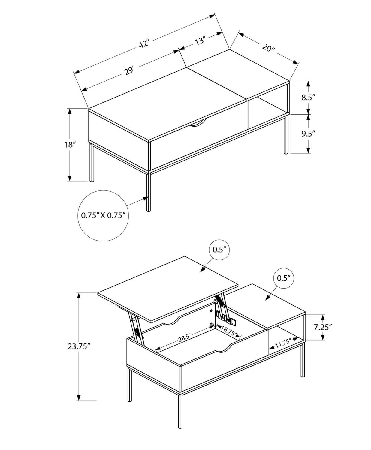 Monarch Specialties Table Basse, 42" L, Rectangulaire, Cocktail, Toit Relevable, Taupe Foncé, Métal Noir, Contemporain, Moderne