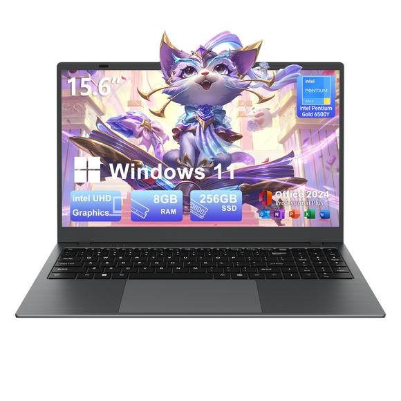 RNRUO 15.6" Laptop Computer, 8GB RAM 256GB SSD Intel 6500Y with 2 Cores Up to 3.4GHz, FHD Display Numeric Keypad Office 2024 Windows 11 WiFi5 BT5.0 Thin Portable for Business Student Work, Dark Gray