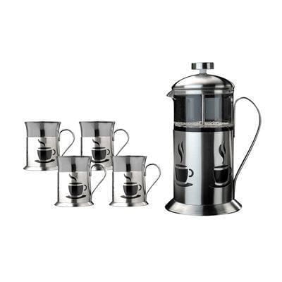 BergHOFF Ensemble de Cafetière à Pression Française avec une Cafetière Française de 4 Tasses (32 Oz) en Acier Inoxydable et Verre, Présentant des Modèles de Tasses à Café et Quatre Verres Assortis de 8 Oz, Va au Lave-Vaisselle et Idéal pour Infuser un Café Doux avec du Café Moulu Grossièrement, Convient Aussi pour Servir le Thé.