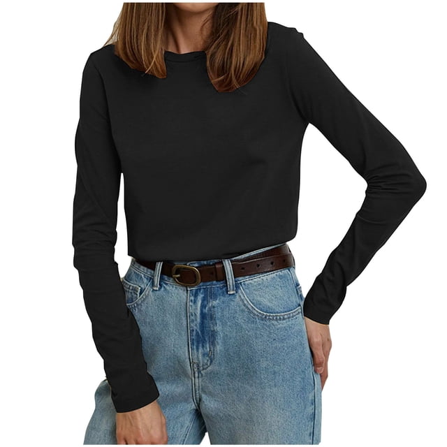 MeetoTime T-Shirt à Manches Longues en Coton pour Femmes, Col Rond Basique, Couleur Unie, Chandail Confortable