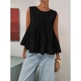 thumbnail image 4 of Débardeur Blouse Sans Manches à Basque Plissé d'Été pour Femmes, Col Rond, Style Babydoll Y2K, Chemisier Chemise Noir P, 4 of 9