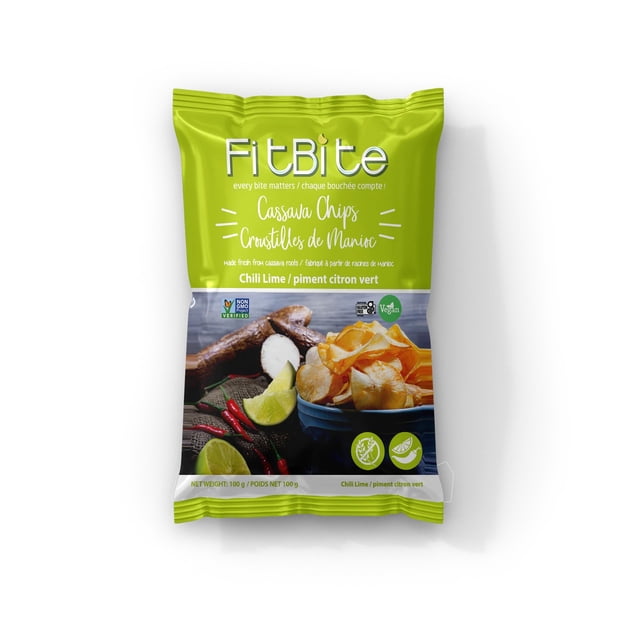 FitBite Cassava Chips - Chili Lime Flavour in a 100g green bag. The packaging highlights the product name in English and French, with Non-GMO and Vegan certifications. The design includes a bowl of cassava chips, fresh cassava roots, red chili peppers, and lime slices, showcasing the chili lime flavour.