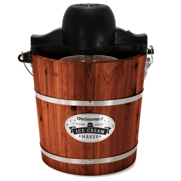 Elite Gourmet EIM418 Seau Vintage en Bois de Noyer de 4 Pintes à l'Ancienne, Machine Électrique pour Crème Glacée, Utilise des Barattes de Crème Glacée et de Sel Gemme en m