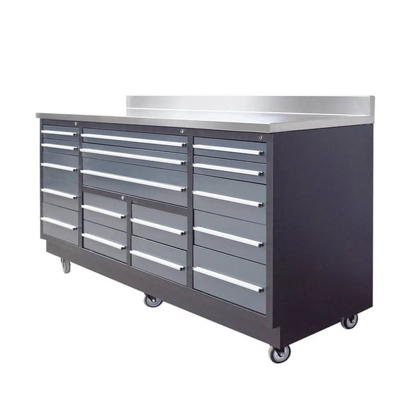 TMG Industrial 17-Drawer Workbench, 7-Ft, TMG Heavy Series, Stainless Steel Top, Ball Bearing Double Slides & Casters, TMG-WB717