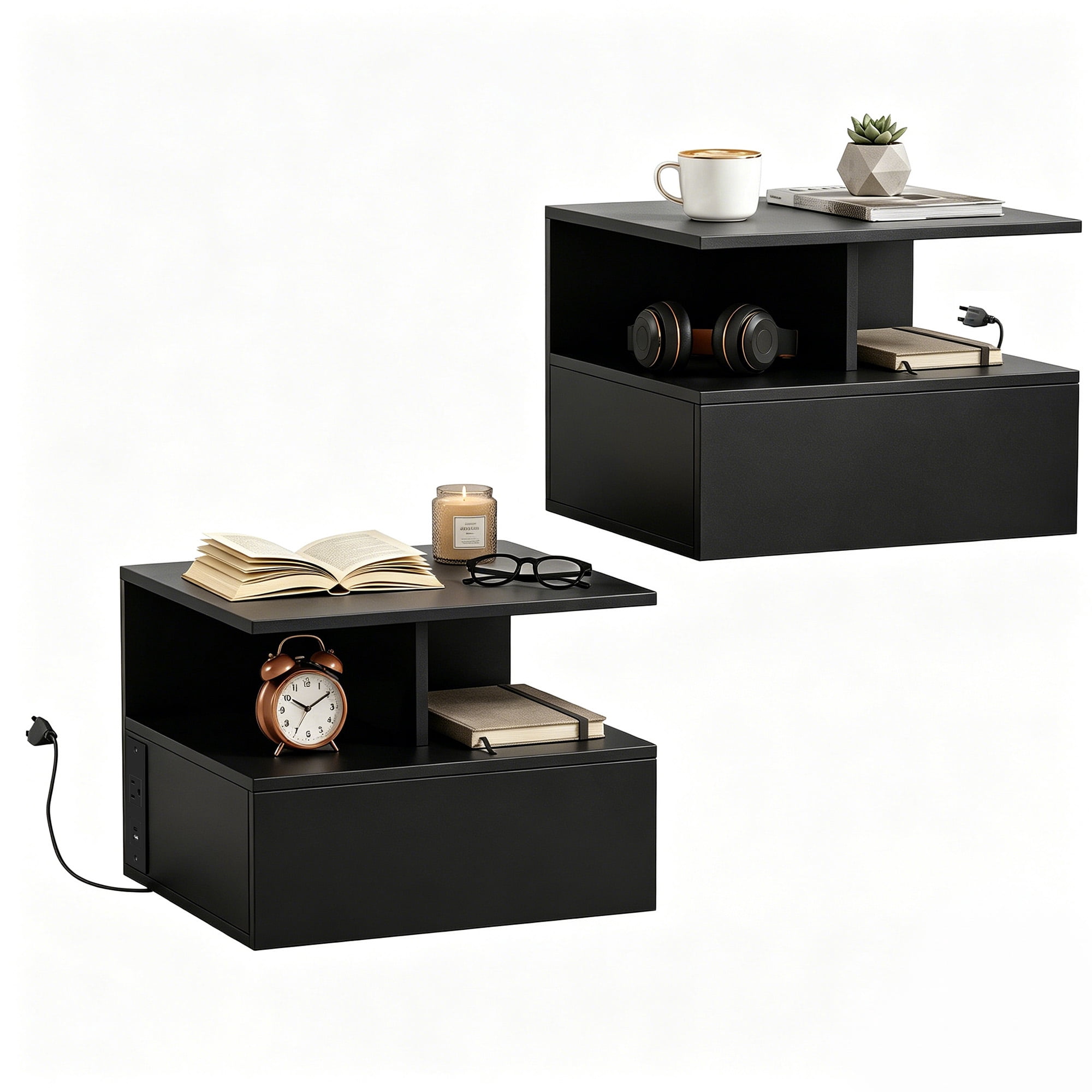 HOMCOM Floating Nightstand Set of 2, Bedside Table with with Power Outlets