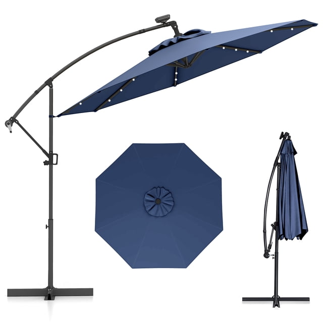 Gymax 10Ft Offset Hanging Umbrella Patio Outdoor w/ 32 Solar LED Lights Navy
