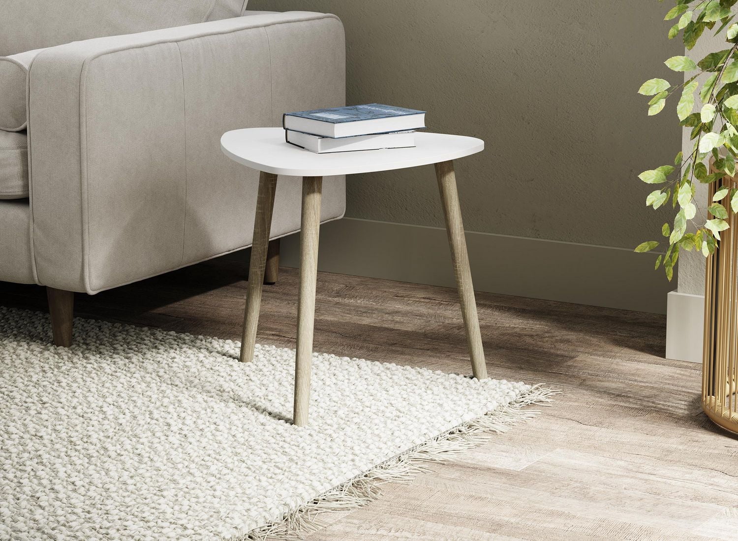 Table d'appoint. Table de bout pour salon. Table de chevet ou table de nuit. Petite table d'entrée. Facile à assembler. Plateau blanc, base en bois naturel.