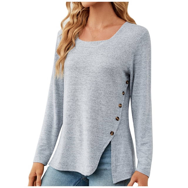 Timegard Hauts pour Femmes Col Carré à Boutons Manches Longues Fendu Confortable T-Shirt d'Automne Chic Décontracté Ample Hauts Blouse