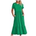thumbnail image 2 of Penkiiy Robe Maxi Évasée d'Été Décontractée pour Femme à Manches Courtes et Col Ras du Cou, Fluide, Asymétrique, à Étages, Robe de Plage avec Poches, P Vert, 2 of 8