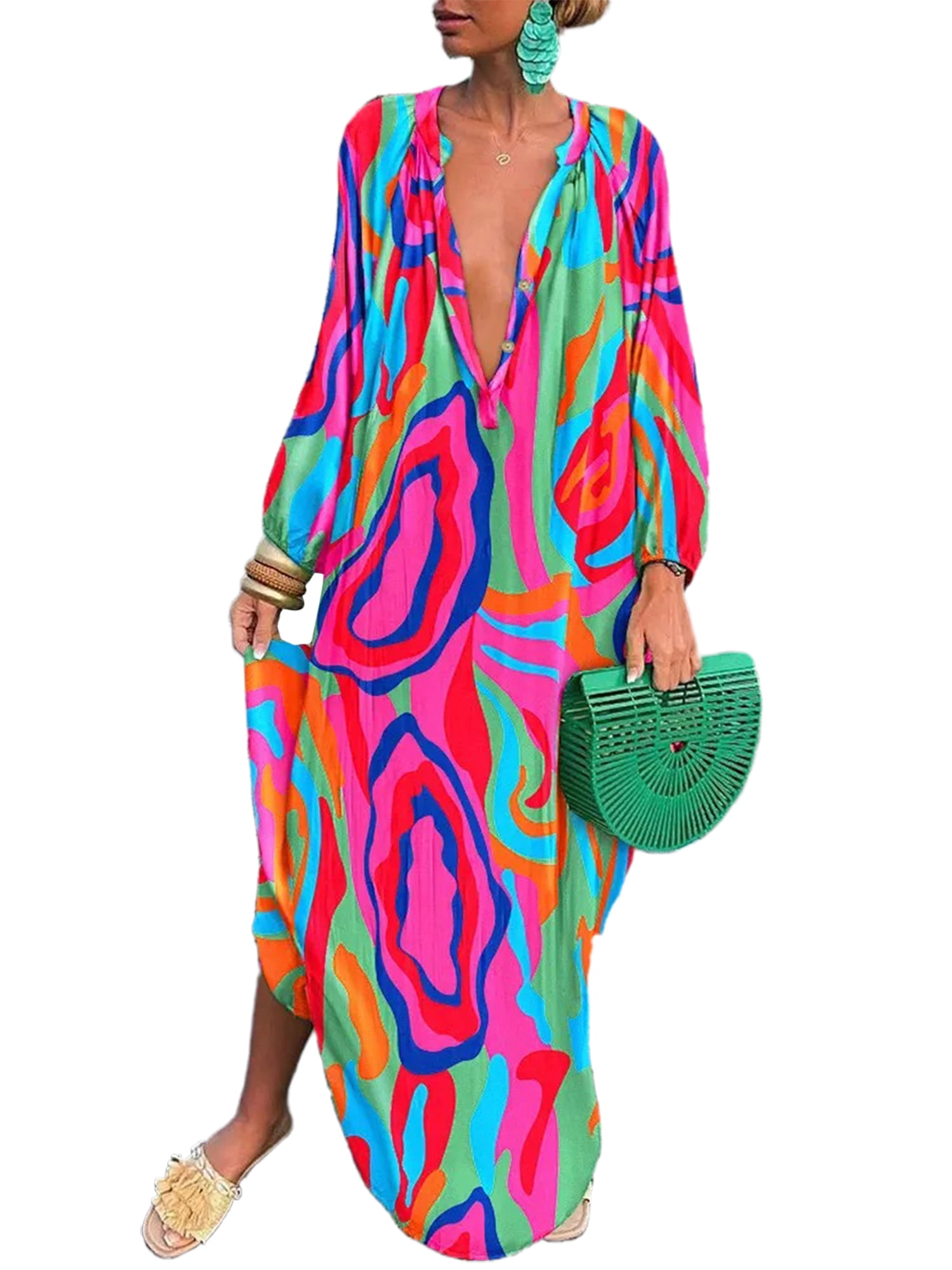 Innerwin Dress Button Down Women Maxi Dresses Autumn Long Sleeve Loose Colorful M