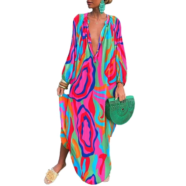 Innerwin Dress Button Down Women Maxi Dresses Autumn Long Sleeve Loose Colorful L. A vibrant, long-length maxi dress featuring a bold multicolour abstract pattern in shades of pink, green, blue, and orange. Designed with a deep V-neckline, button-down front, and long sleeves, this dress is made from a lightweight polyester-cotton blend for comfort. Suitable for casual, vacation, or party occasions, it pairs well with heels or sandals for a stylish look.