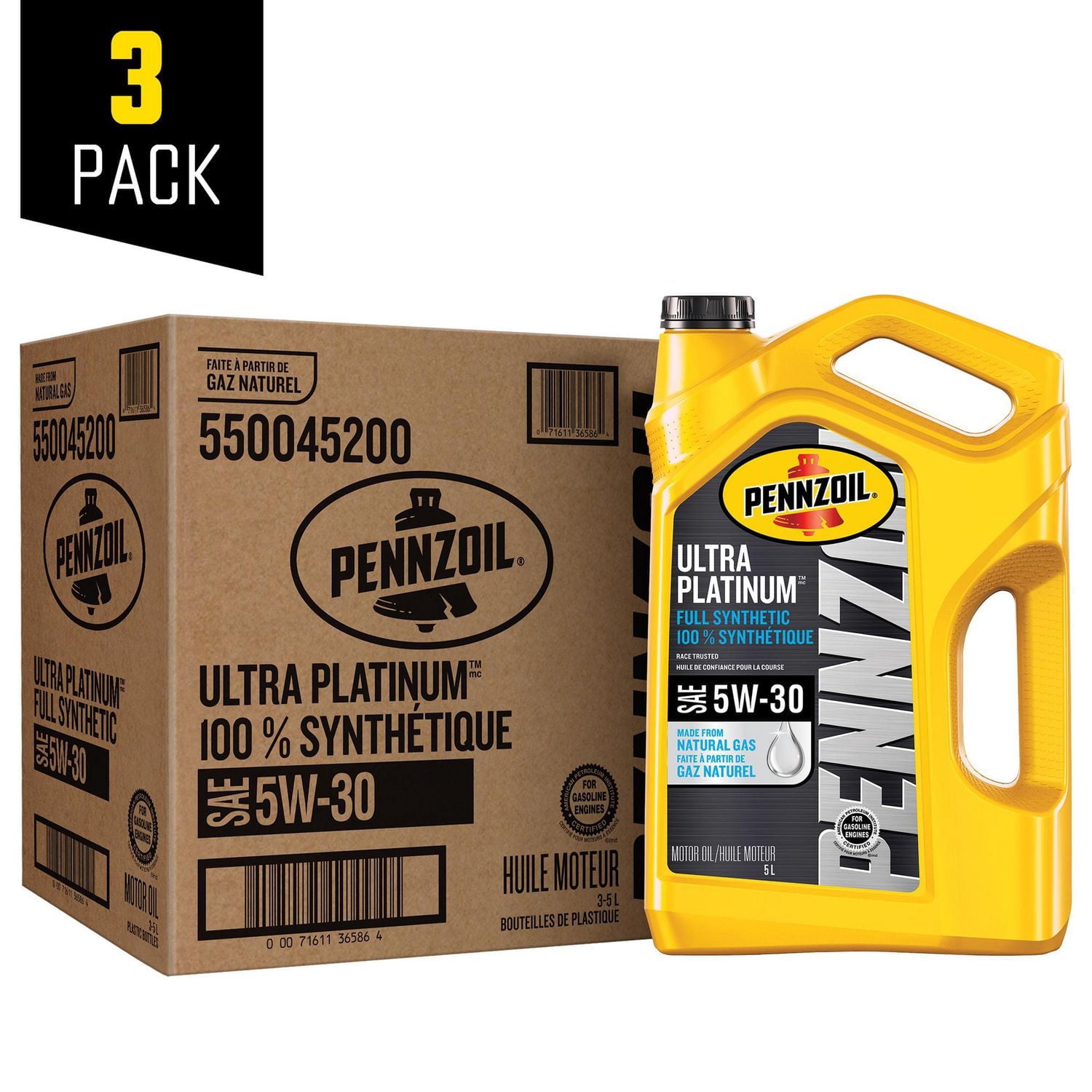 Pennzoil Ultra Platinum Full Synthetic 5W-30 Motor Oil, 5 Litre (3 pack)