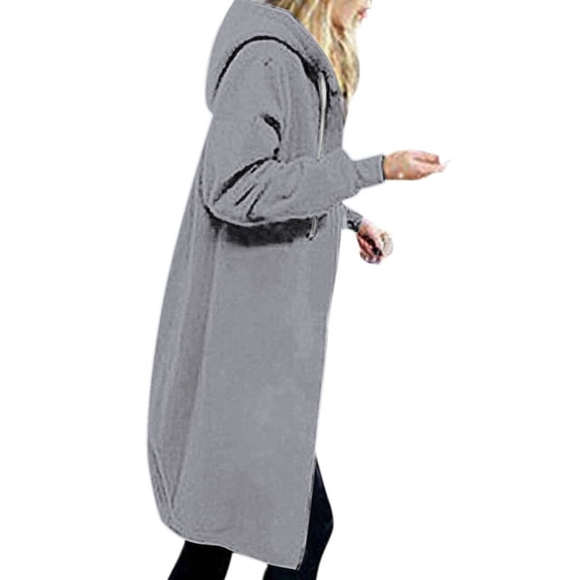 drppepioner Women'S Solid Color Jacket Plus Fleece Insert Pocket Hooded Zipper Mid Length Sweater